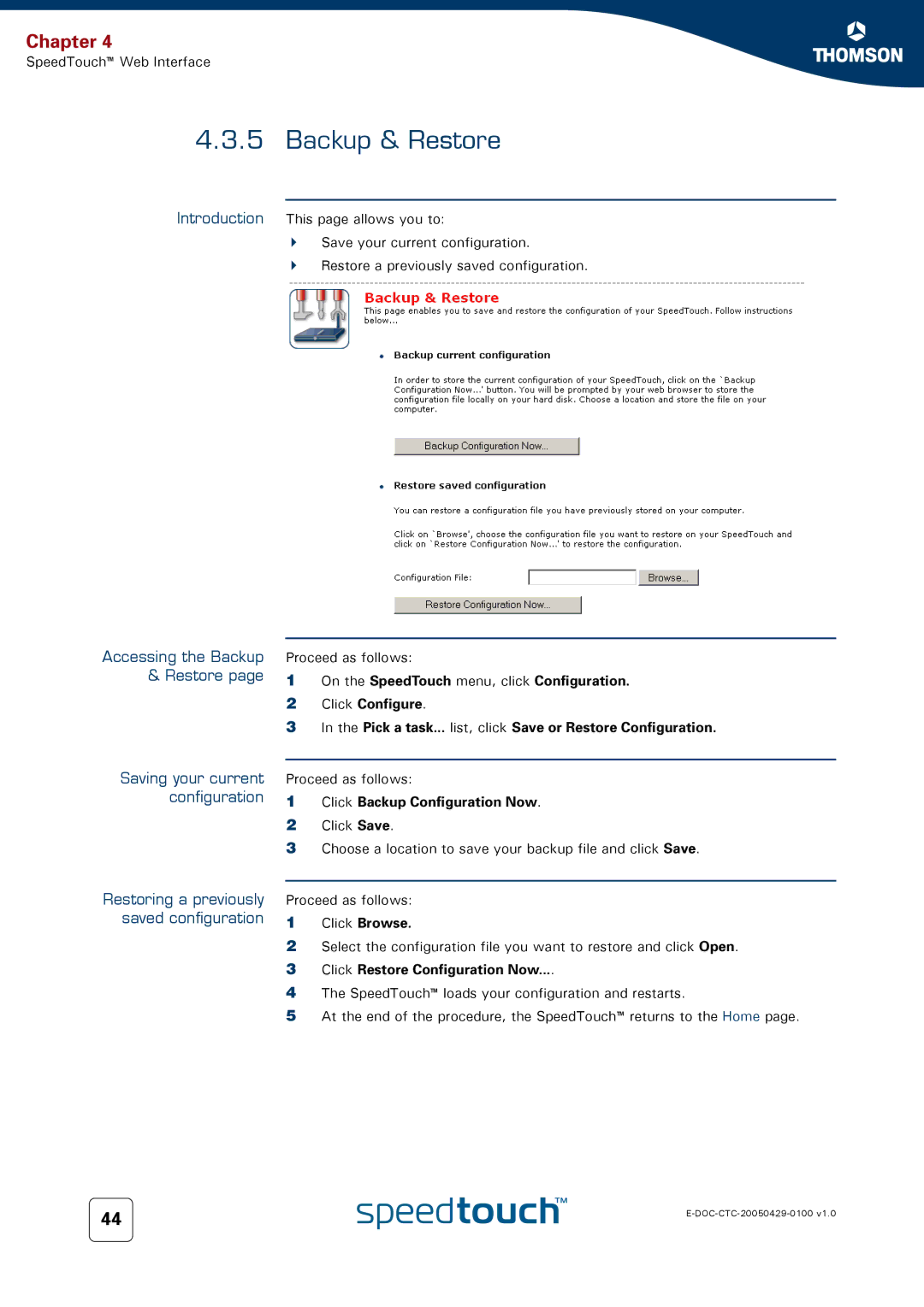 Apple TM546 manual Accessing the Backup & Restore, Saving your current configuration 