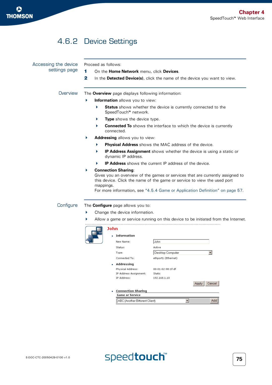 Apple TM546 manual Device Settings, Accessing the device settings Overview, Connection Sharing 