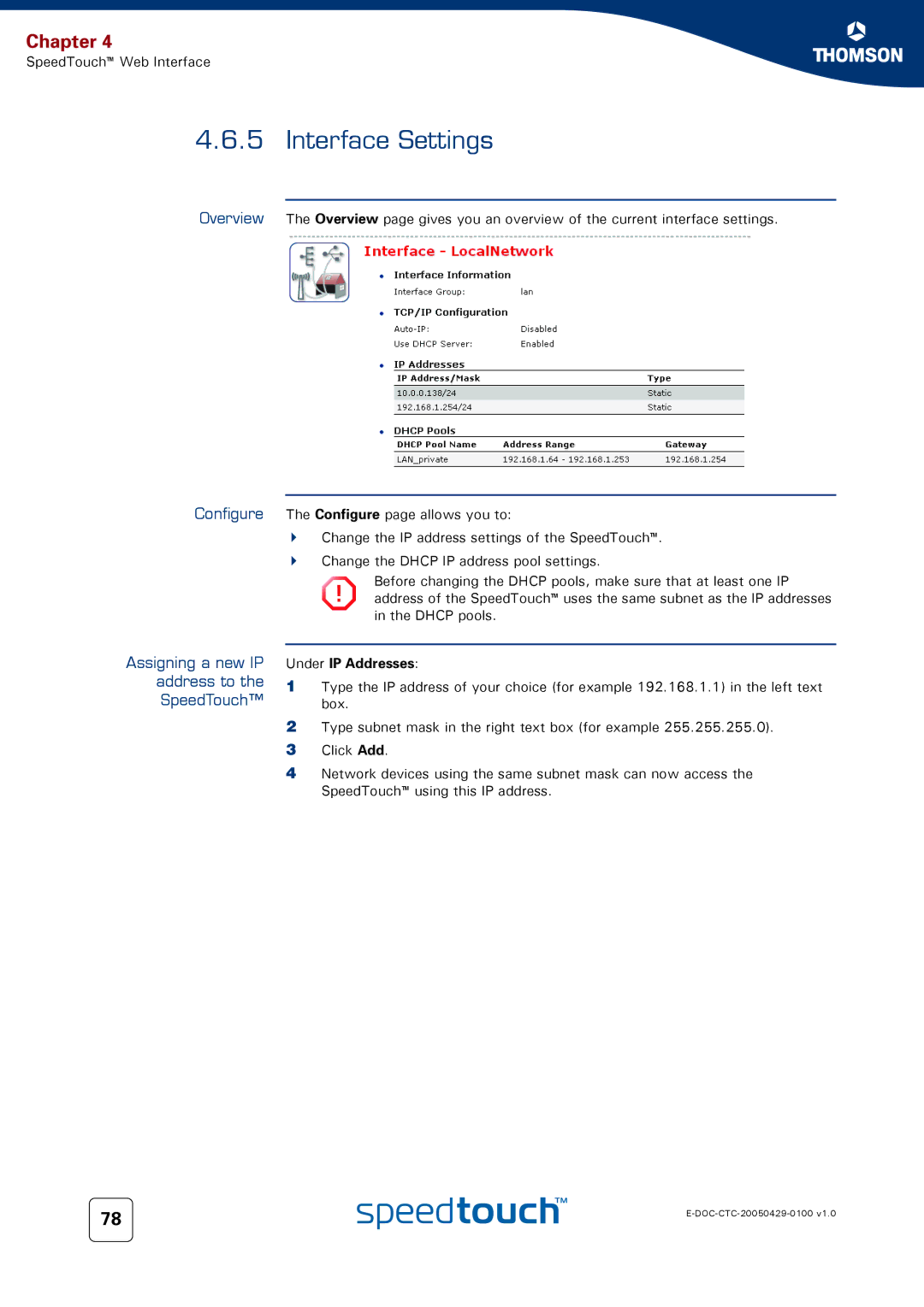 Apple TM546 manual Interface Settings, Assigning a new IP address to the SpeedTouch, Under IP Addresses 