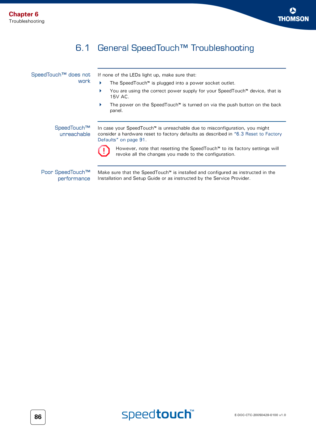 Apple TM546 manual General SpeedTouch Troubleshooting, SpeedTouch does not work SpeedTouch unreachable 