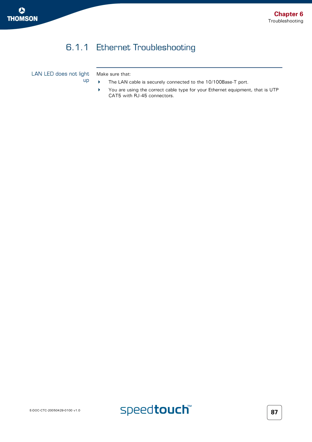 Apple TM546 manual Ethernet Troubleshooting, LAN LED does not light up 