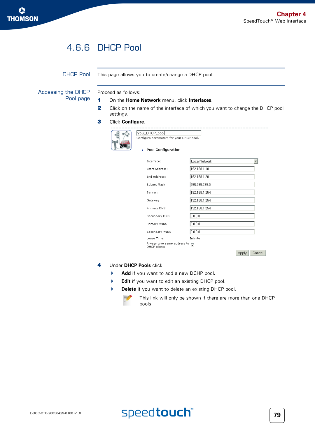 Apple TM546 manual Accessing the DHCP Pool page, Chapter, On the Home Network menu, click Interfaces, Click Configure 