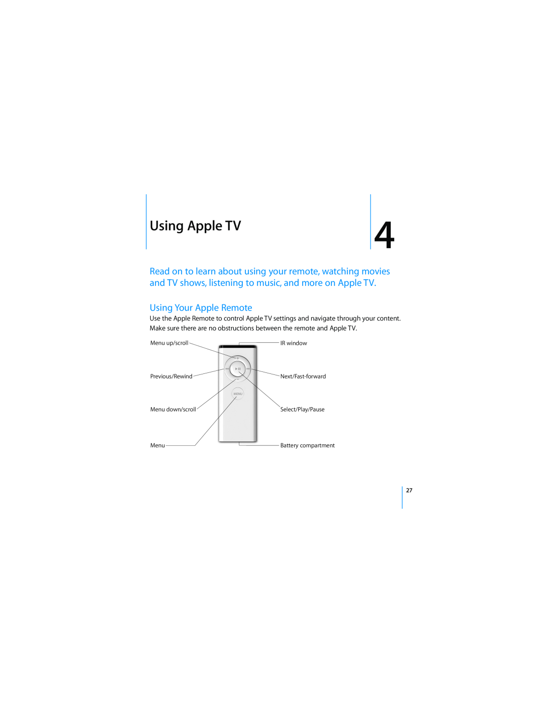 Apple manual Using Apple TV, Using Your Apple Remote, Battery compartment, Menu 