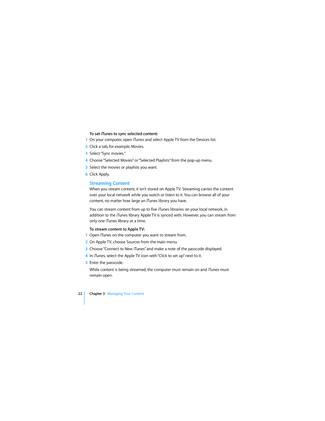 Apple manual Streaming Content, To set iTunes to sync selected content, To stream content to Apple TV 