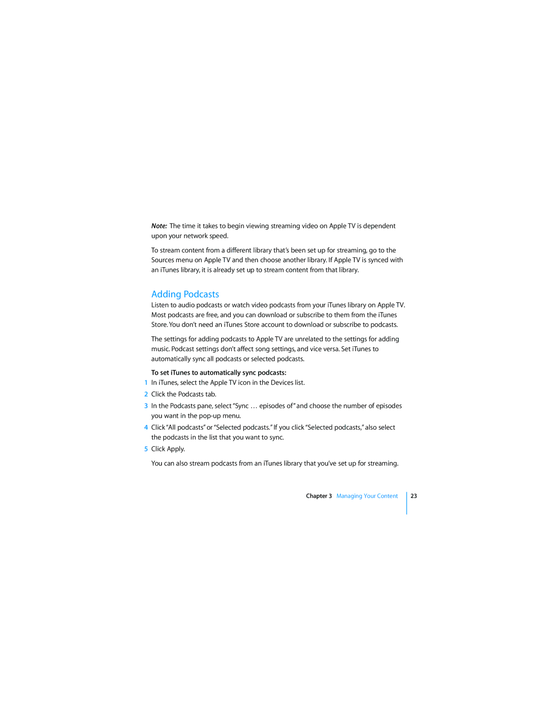Apple TV manual Adding Podcasts, To set iTunes to automatically sync podcasts 
