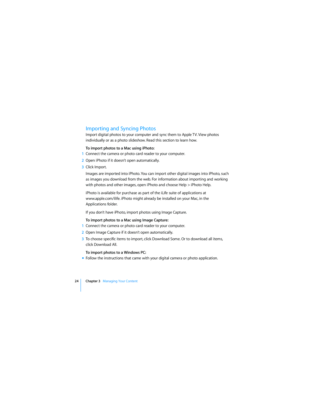 Apple TV manual Importing and Syncing Photos, To import photos to a Mac using iPhoto, To import photos to a Windows PC 