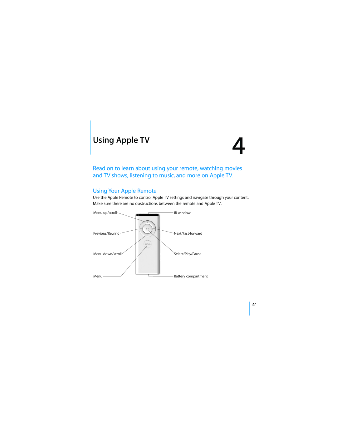 Apple manual Using Apple TV, Using Your Apple Remote 