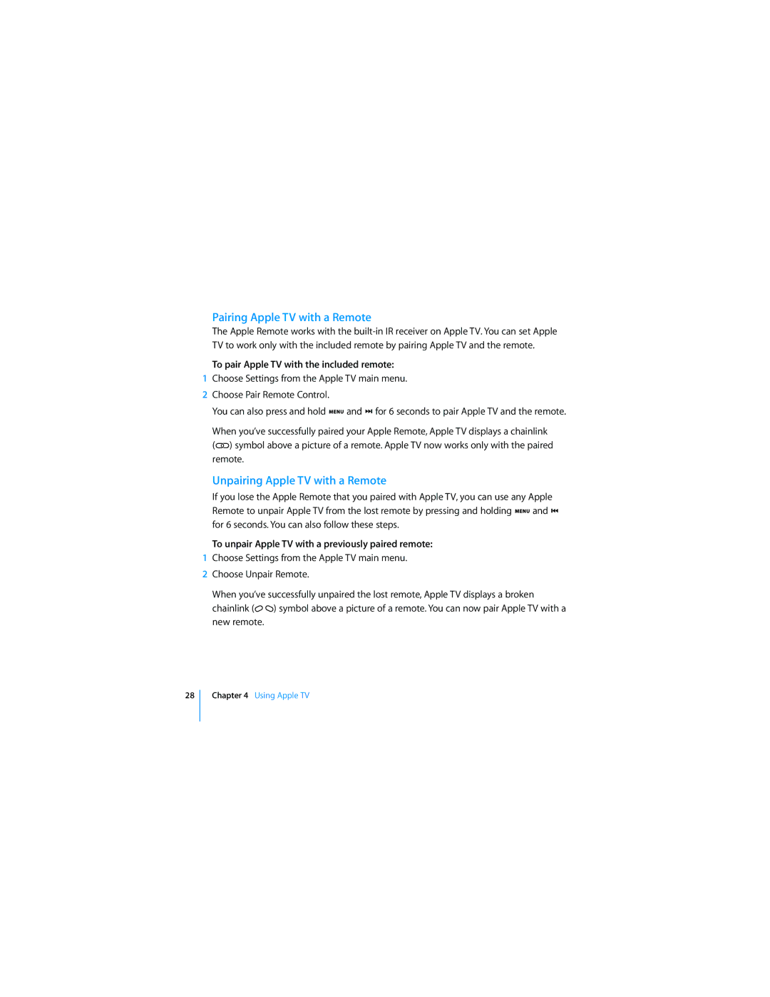 Apple manual Pairing Apple TV with a Remote, Unpairing Apple TV with a Remote, To pair Apple TV with the included remote 