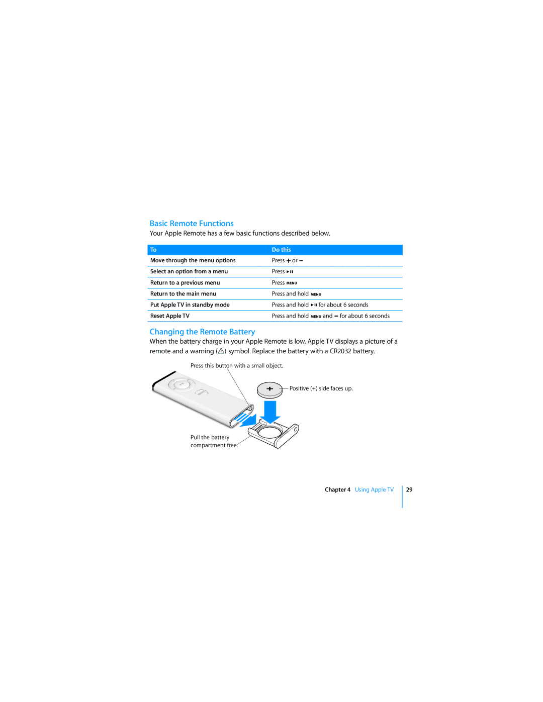 Apple TV manual Basic Remote Functions, Changing the Remote Battery 