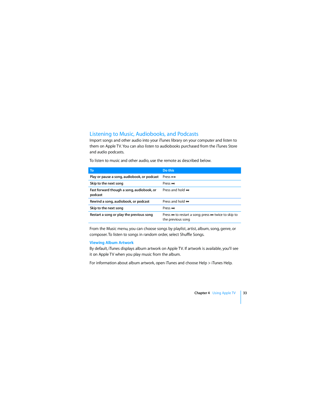 Apple TV manual Listening to Music, Audiobooks, and Podcasts, Viewing Album Artwork 