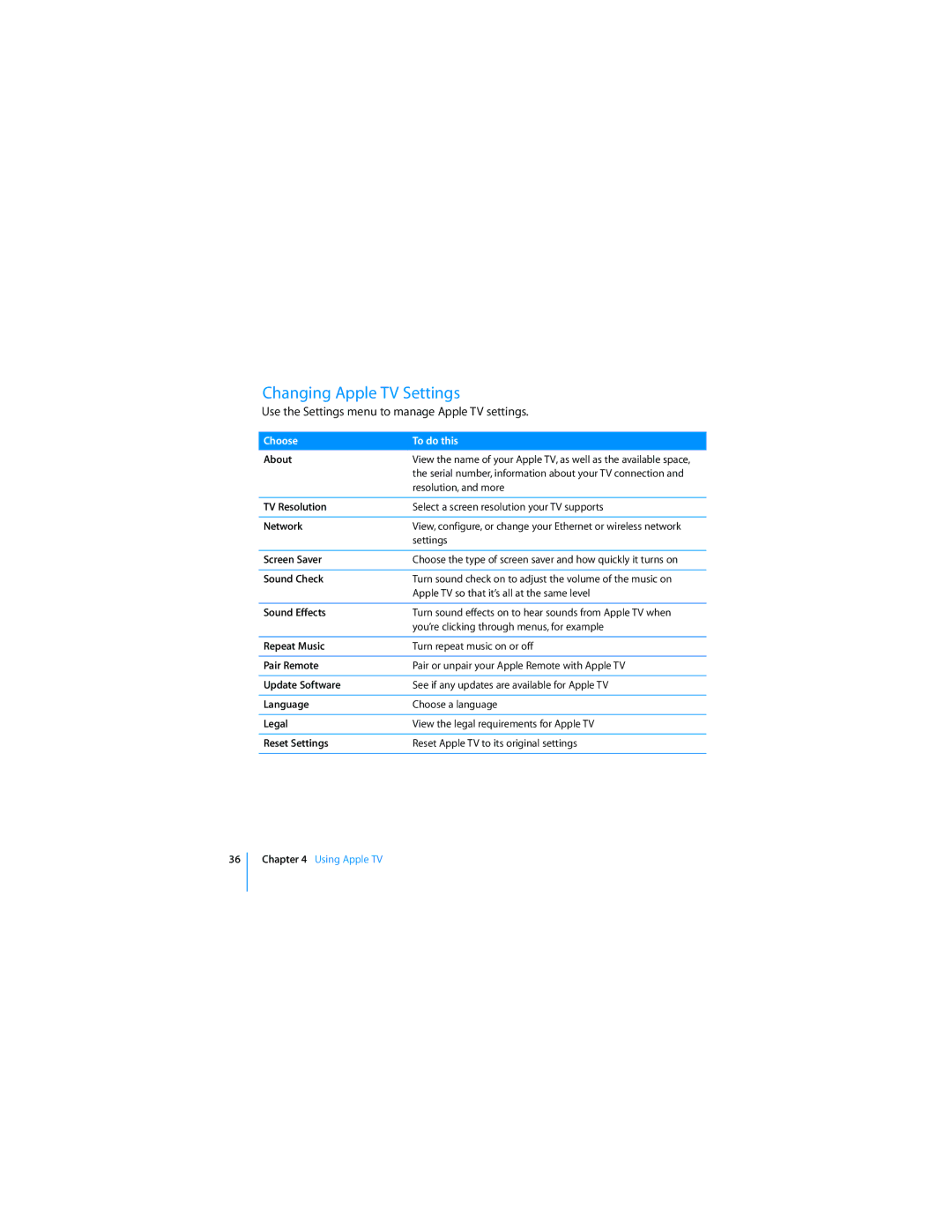 Apple manual Changing Apple TV Settings, Use the Settings menu to manage Apple TV settings 