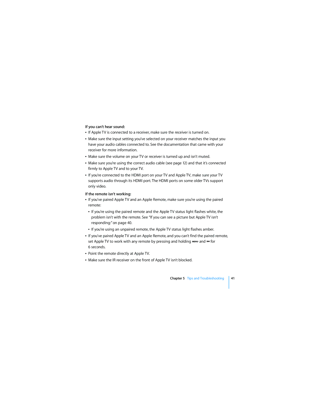Apple TV manual If you can’t hear sound, If the remote isn’t working 