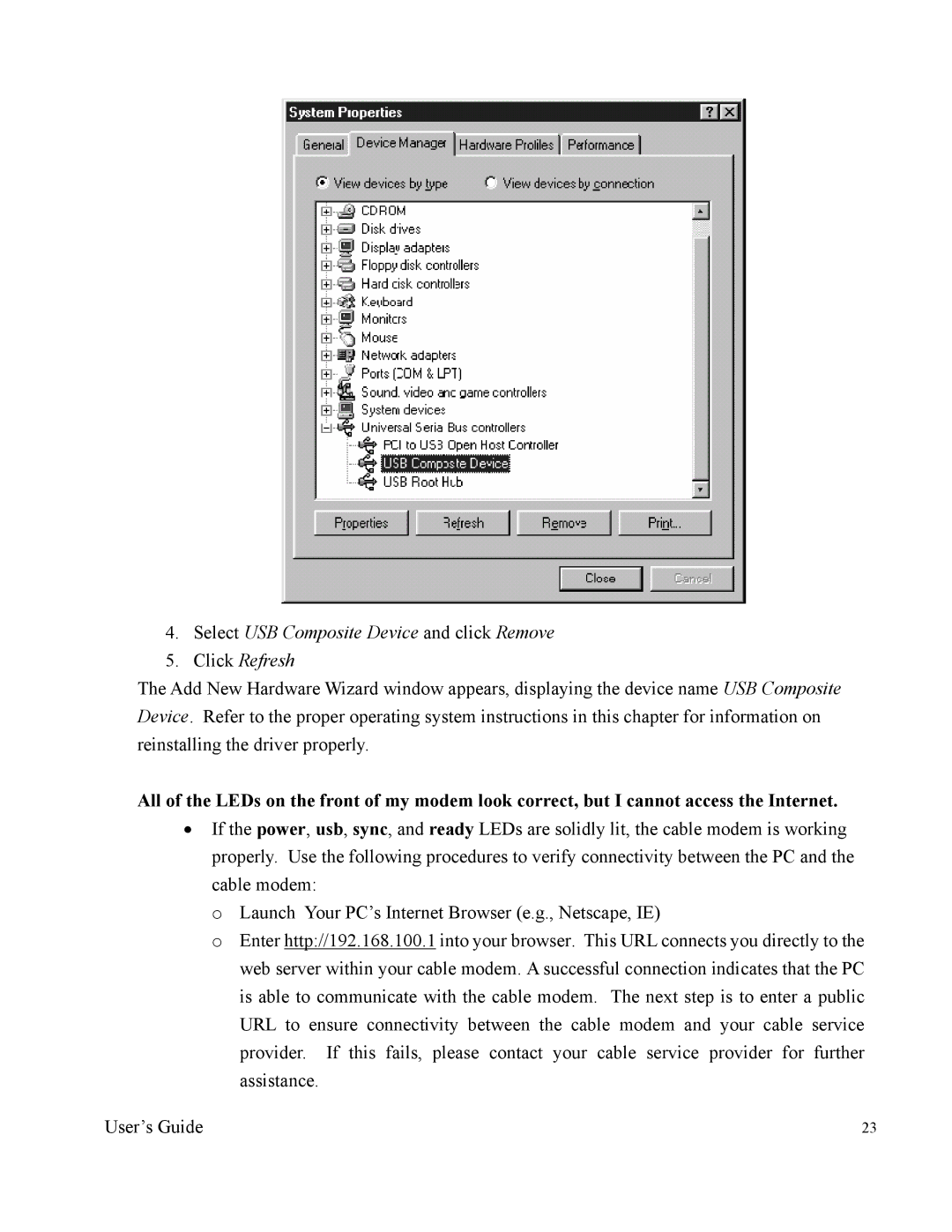 Apple U10C011 manual Select USB Composite Device and click Remove Click Refresh 