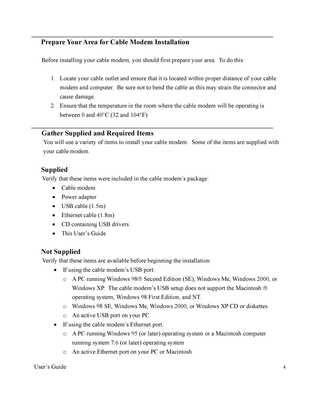 Apple U10C011 manual Prepare Your Area for Cable Modem Installation, Gather Supplied and Required Items, Not Supplied 