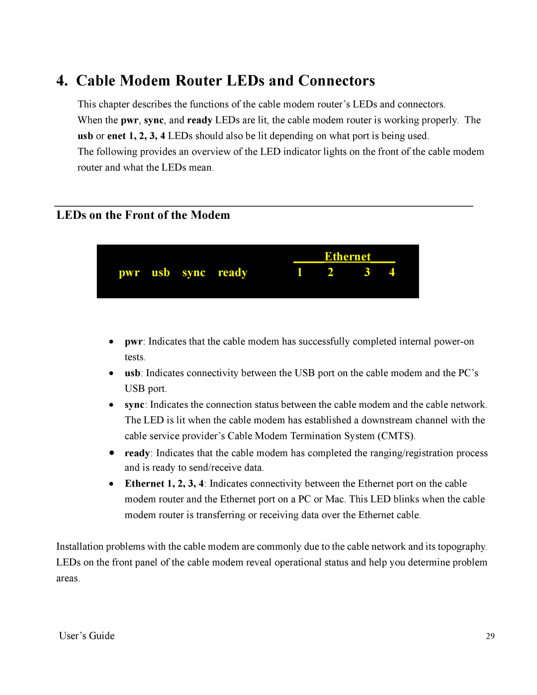 Apple U10C012 manual Cable Modem Router LEDs and Connectors, LEDs on the Front of the Modem 