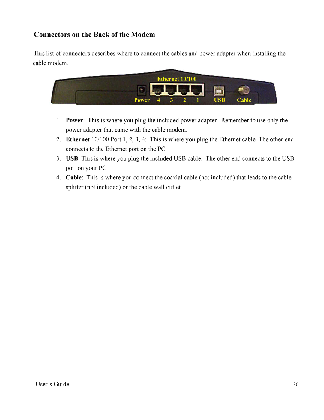 Apple U10C012 manual Connectors on the Back of the Modem 