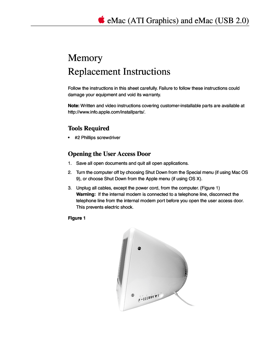 Apple ATI Graphics, USB 2.0 warranty Tools Required, Opening the User Access Door, Memory Replacement Instructions 