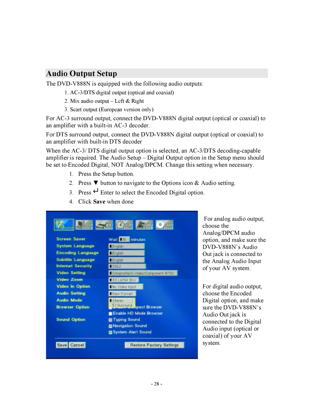 Apple instruction manual Audio Output Setup, DVD-V888N is equipped with the following audio outputs 