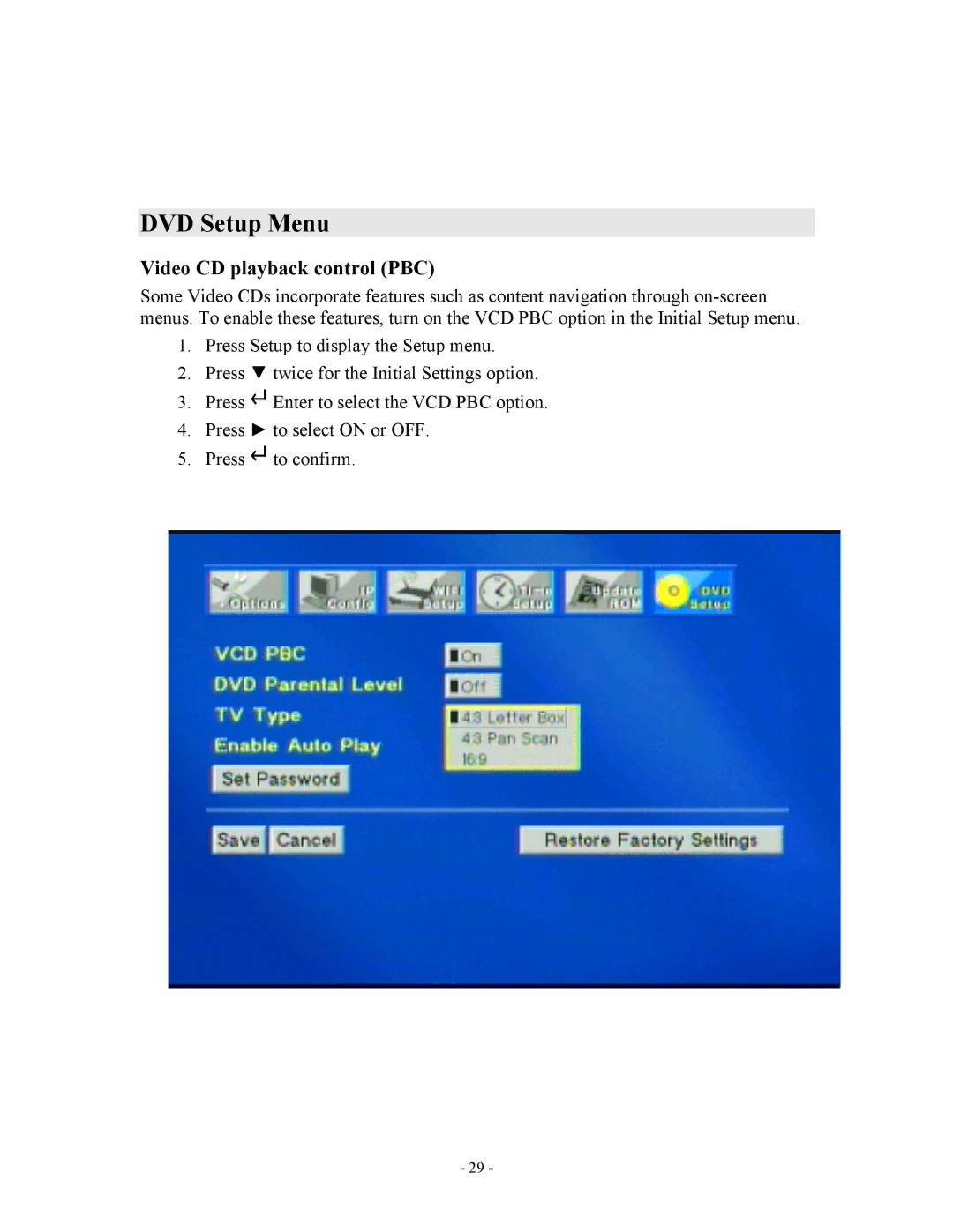 Apple V888N instruction manual DVD Setup Menu, Video CD playback control PBC 