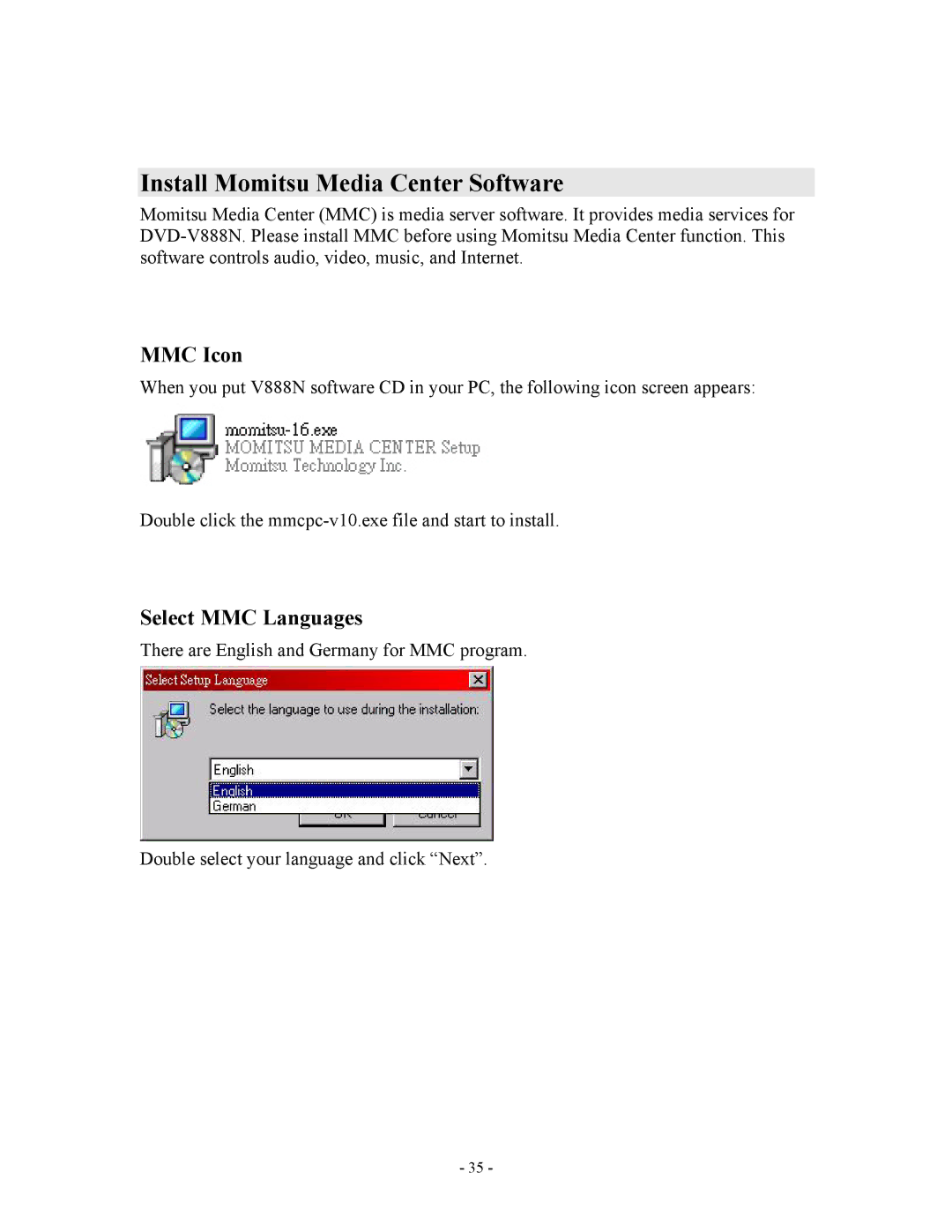 Apple V888N instruction manual Install Momitsu Media Center Software, MMC Icon, Select MMC Languages 