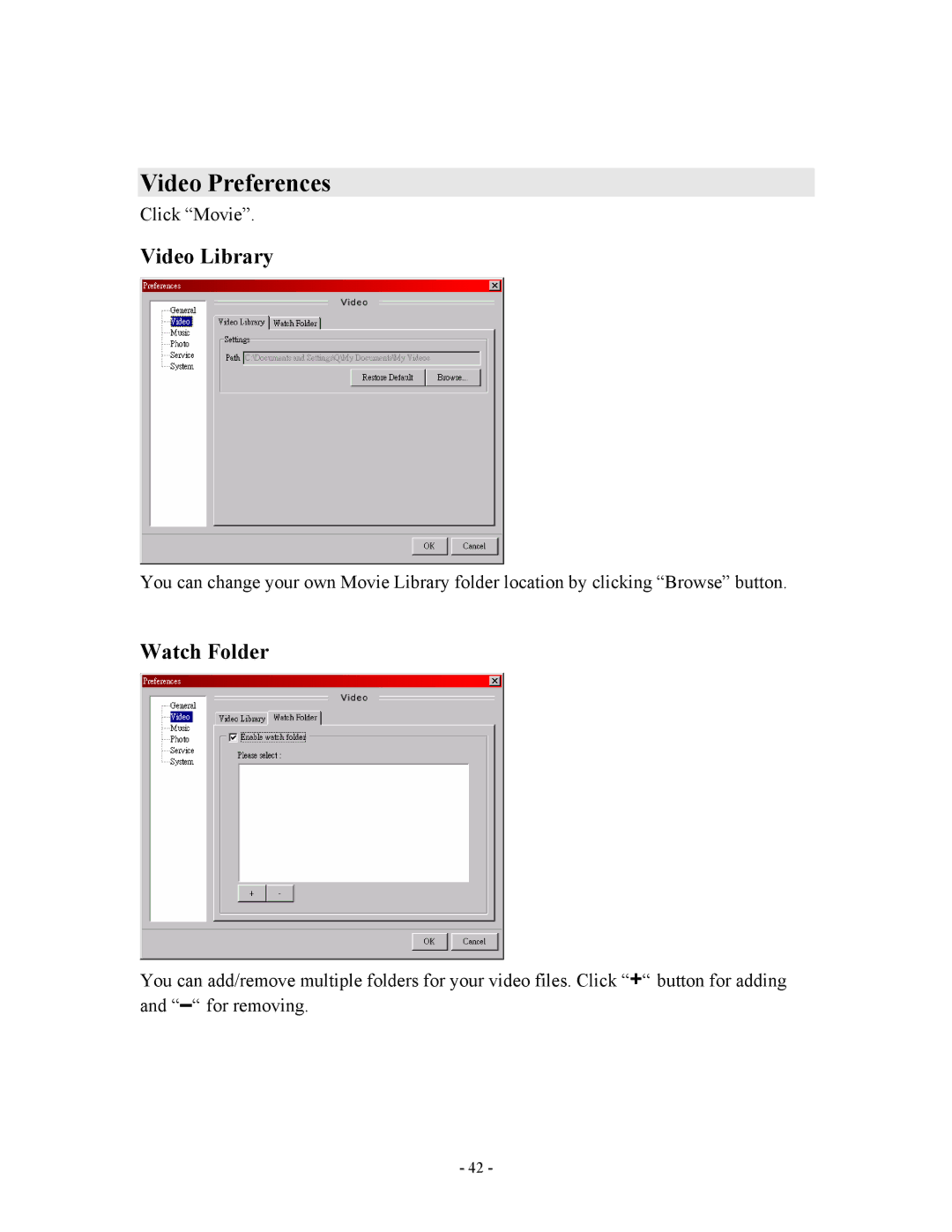 Apple V888N instruction manual Video Preferences, Video Library, Watch Folder 