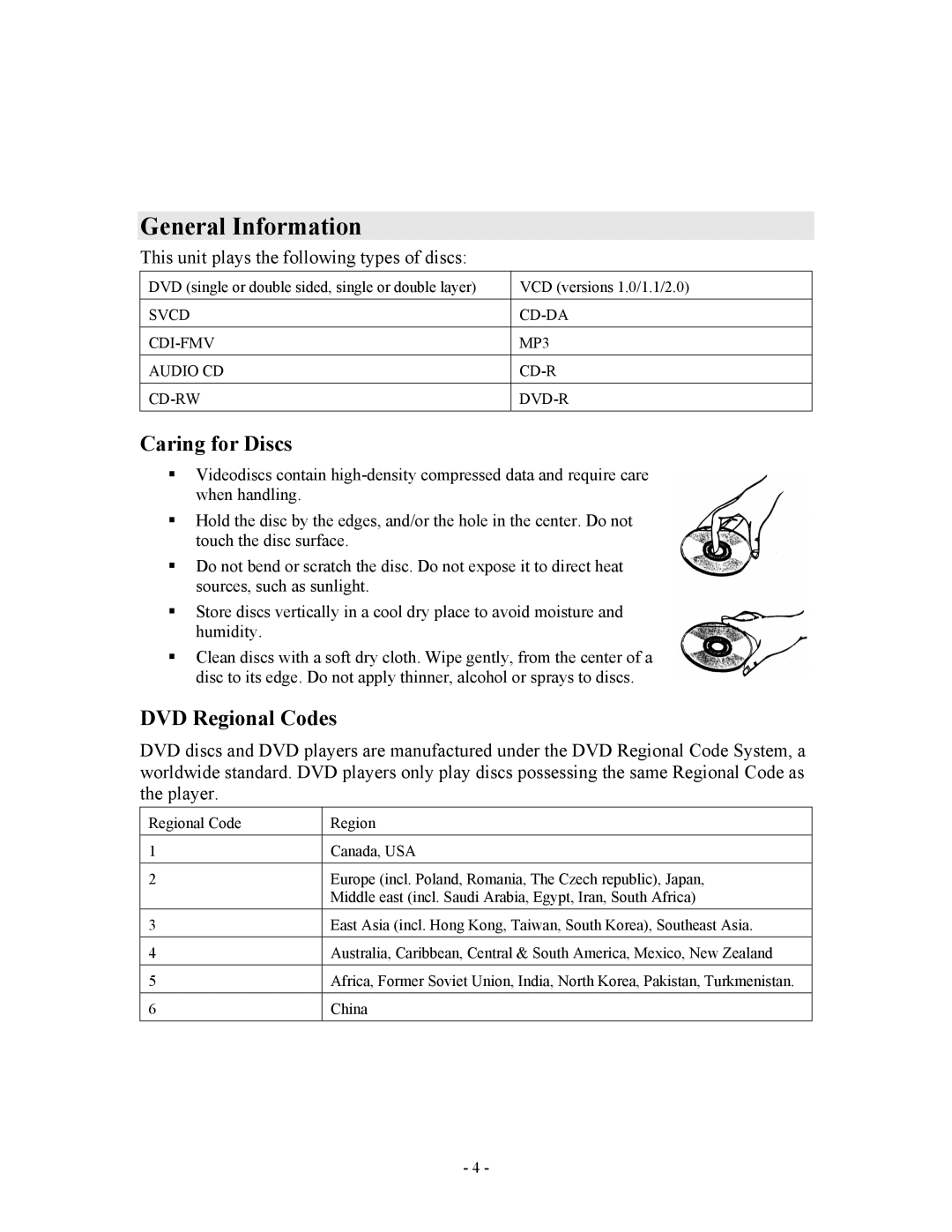 Apple V888N instruction manual General Information, Caring for Discs, DVD Regional Codes 