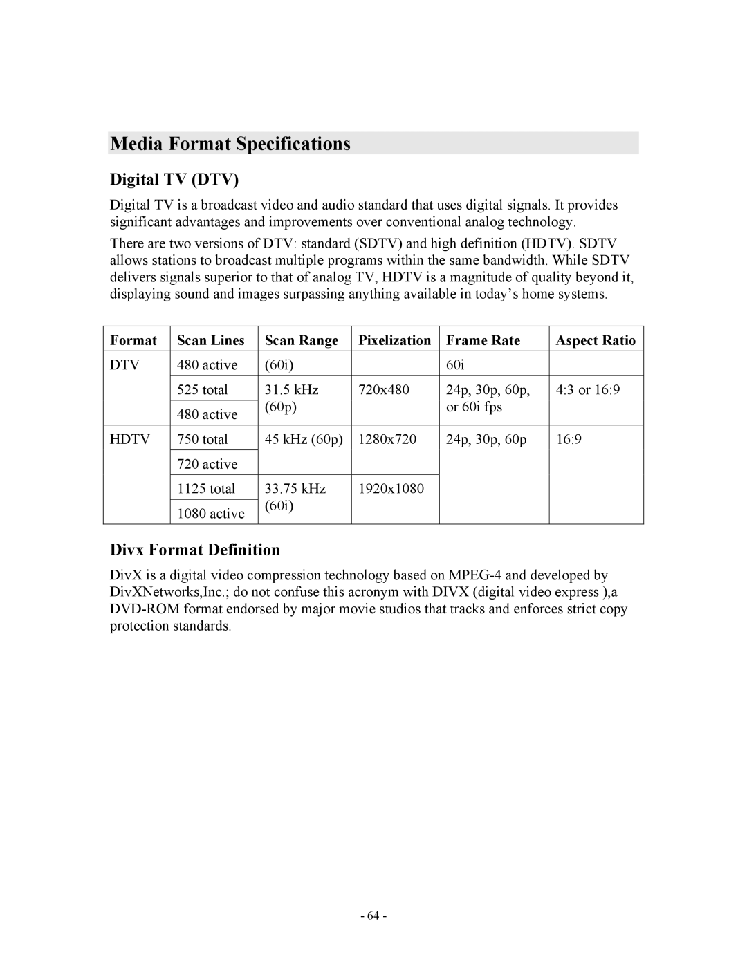 Apple V888N instruction manual Media Format Specifications, Digital TV DTV, Divx Format Definition 