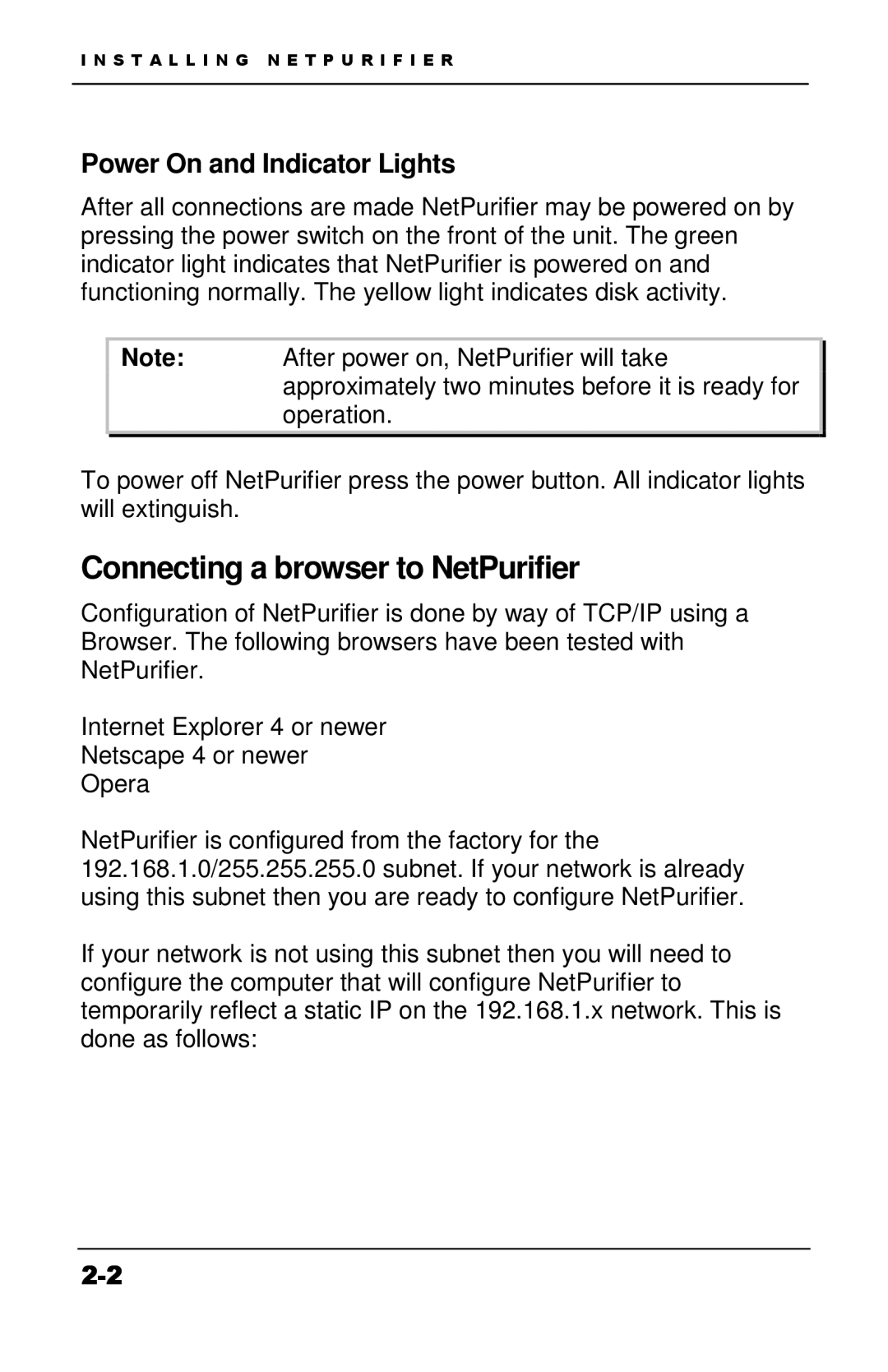 Apple Version 3 manual Connecting a browser to NetPurifier, Power On and Indicator Lights 