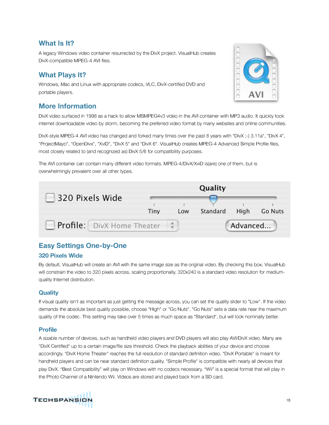 Apple VisualHub manual Pixels Wide, Proﬁle 