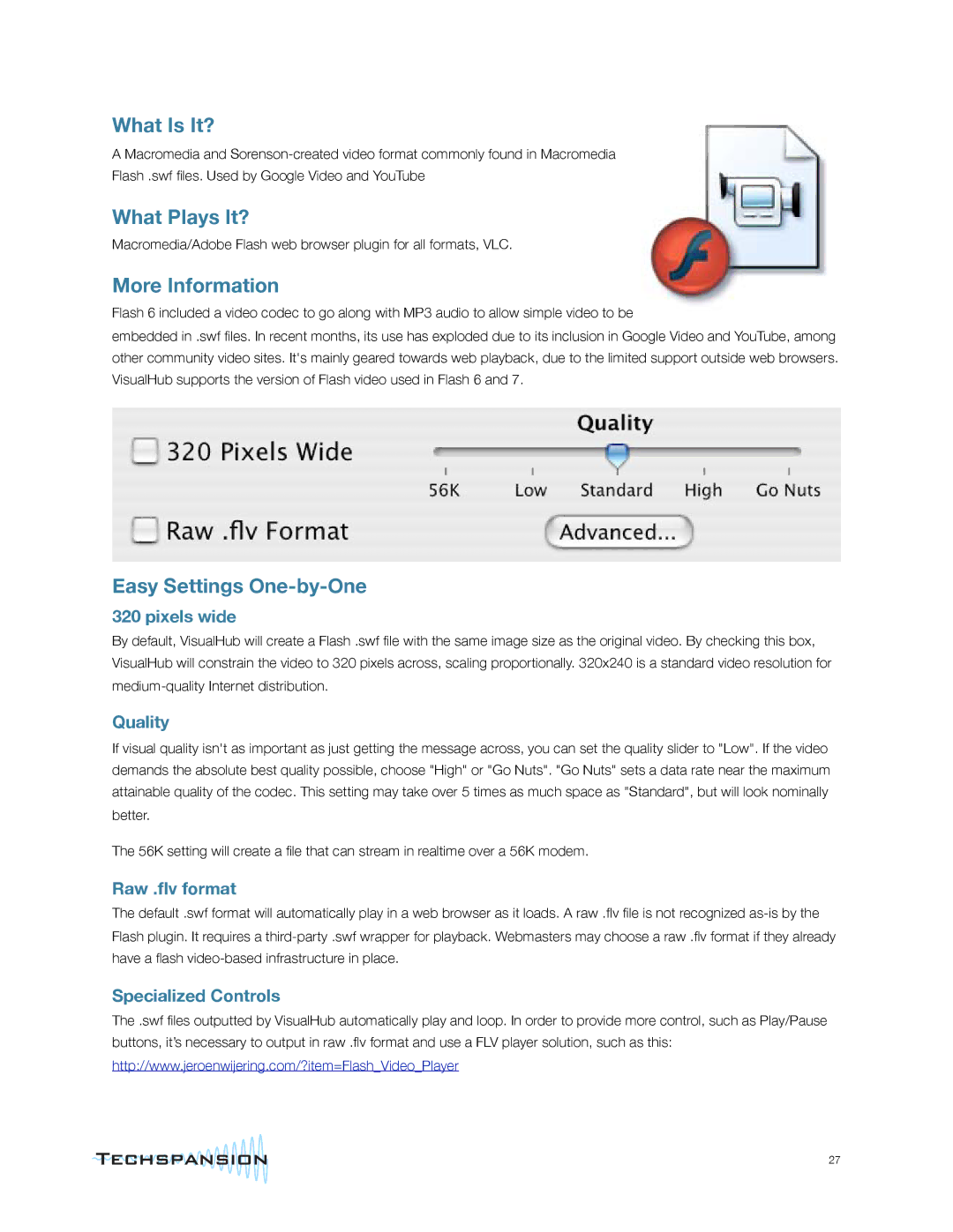 Apple VisualHub manual Raw .ﬂv format, Specialized Controls 