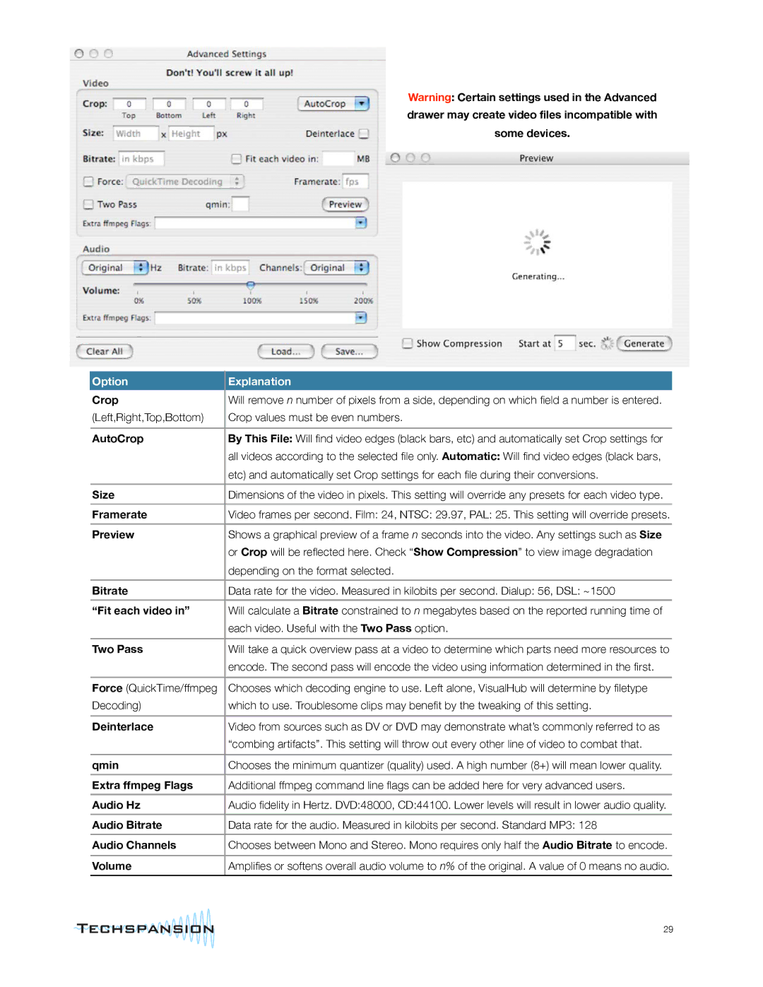 Apple VisualHub manual Option Explanation 