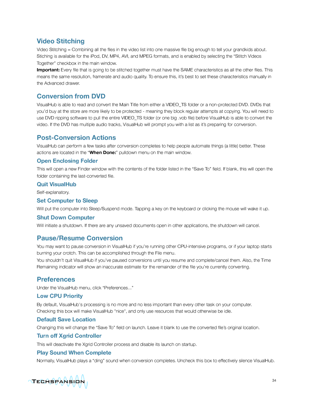 Apple VisualHub manual Video Stitching, Conversion from DVD, Post-Conversion Actions, Pause/Resume Conversion, Preferences 