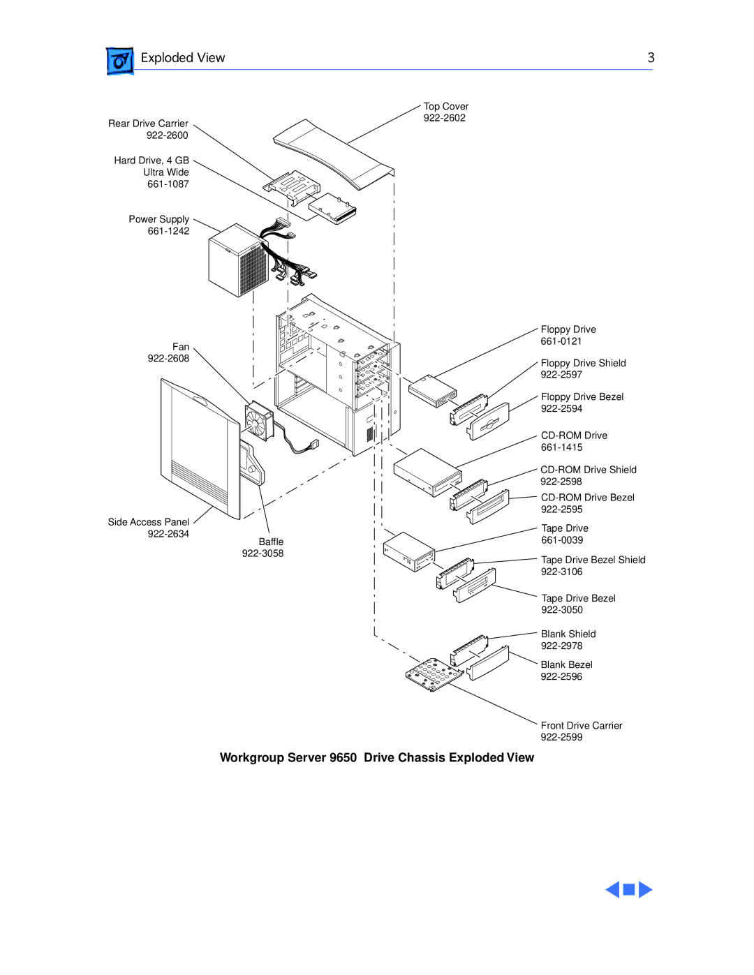 Apple WS 9650 manual Workgroup Server 9650 Drive Chassis Exploded View 