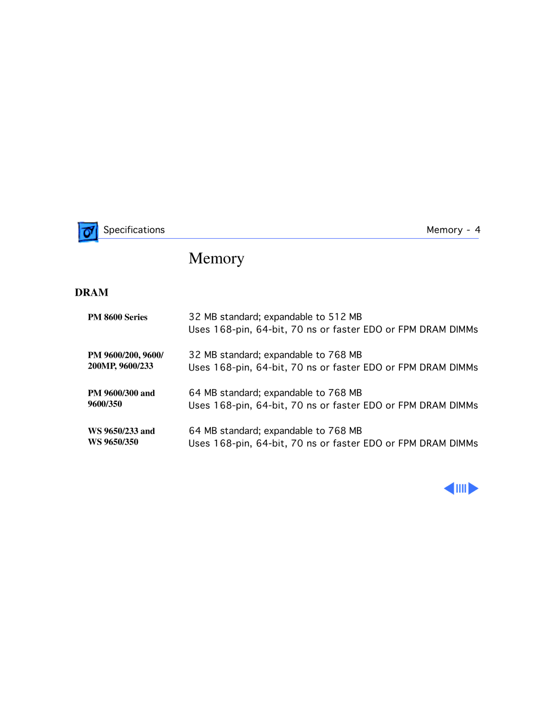 Apple WS 9650 manual Memory, Dram 