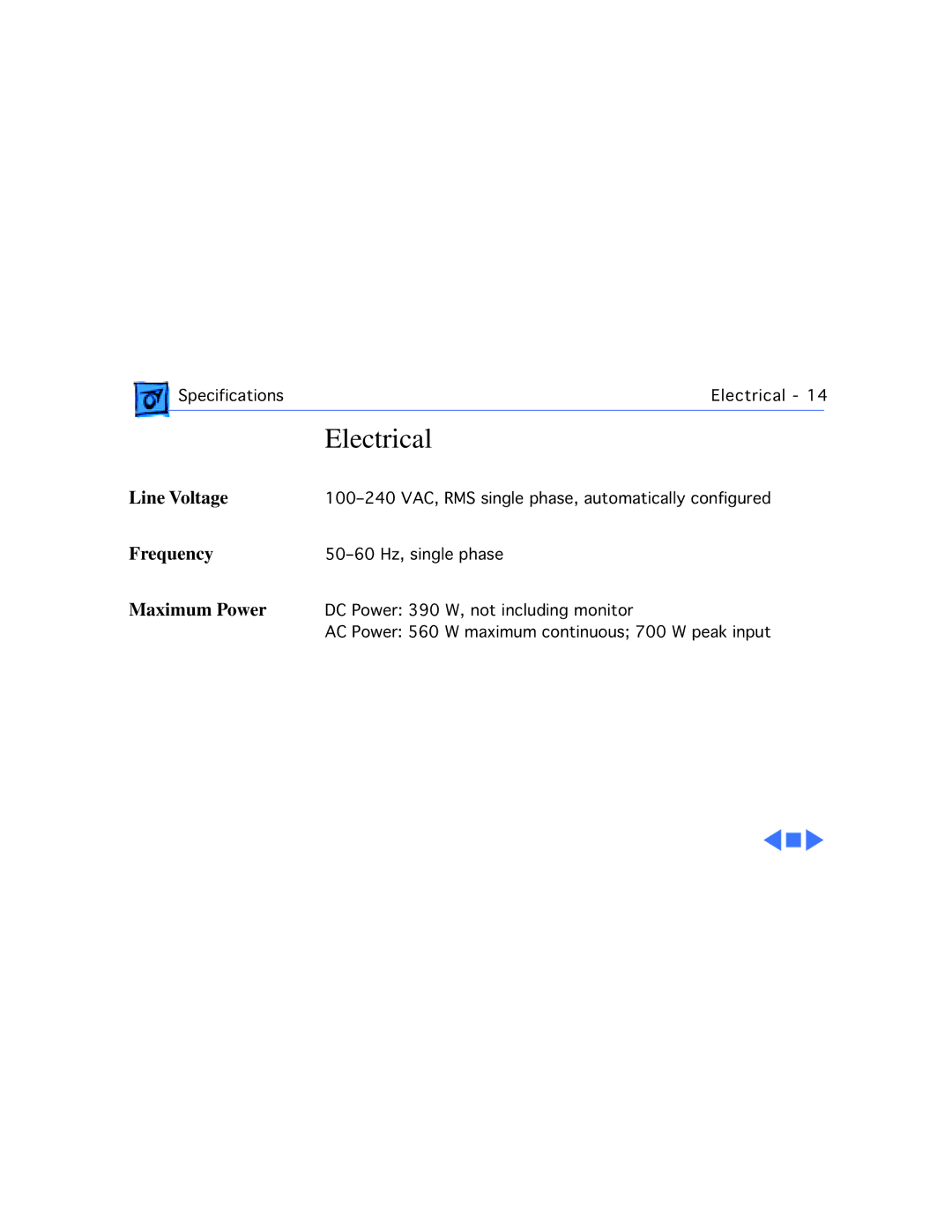 Apple WS 9650 manual Electrical, Line Voltage Frequency Maximum Power 