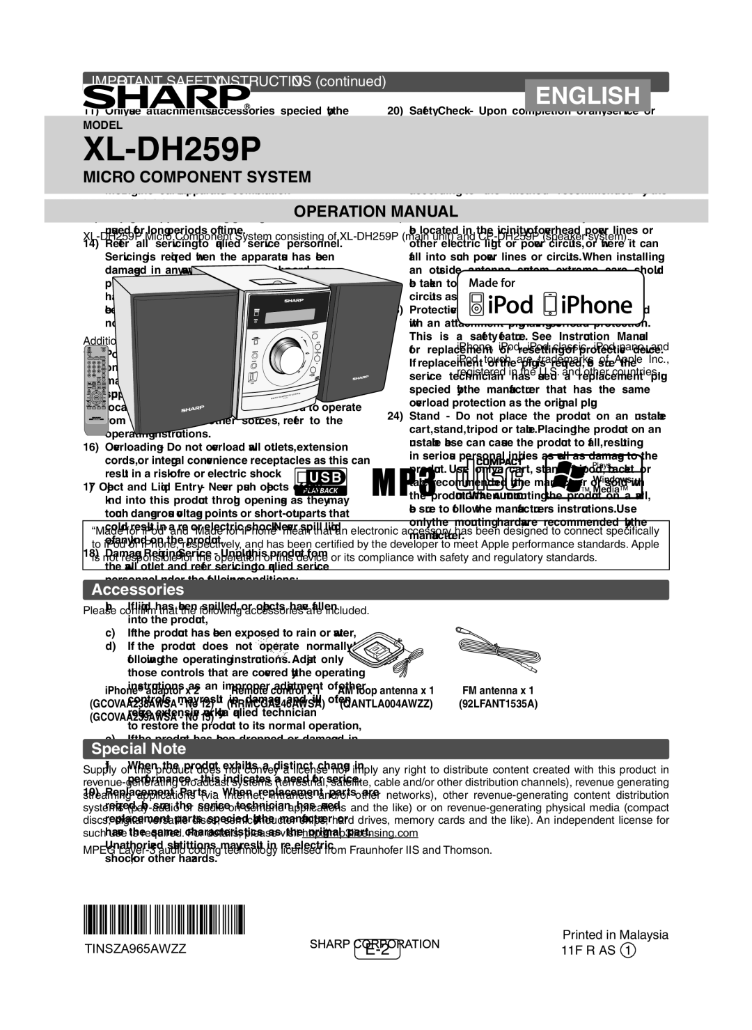 Apple XL-DH259P operation manual Important Safety Instructions, Additional Safety Information 