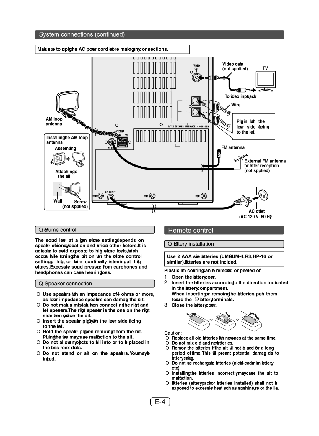 Apple XL-DH259P Remote control, System connections, Volume control, Speaker connection, Battery installation 