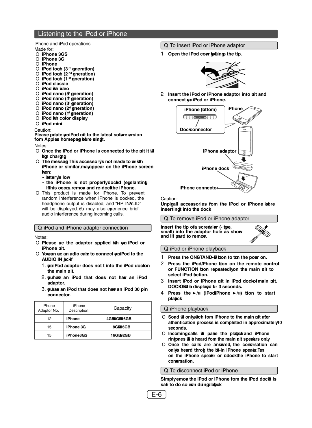 Apple XL-DH259P operation manual Listening to the iPod or iPhone 