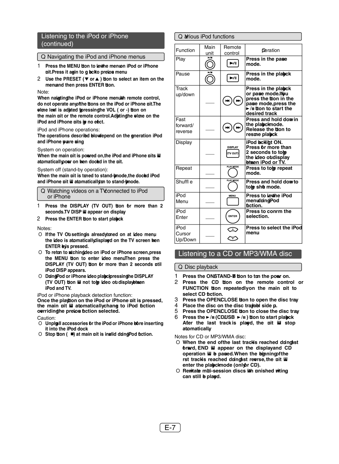 Apple XL-DH259P operation manual Listening to a CD or MP3/WMA disc, Listening to the iPod or iPhone 