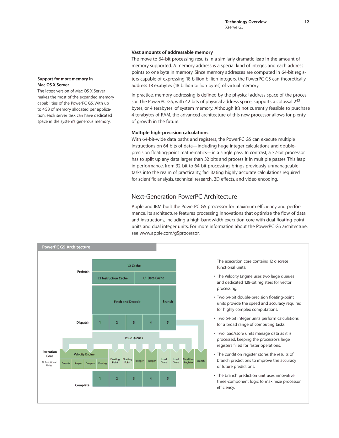 Apple Xserve G5 manual Next-Generation PowerPC Architecture, Vast amounts of addressable memory, PowerPC G5 Architecture 