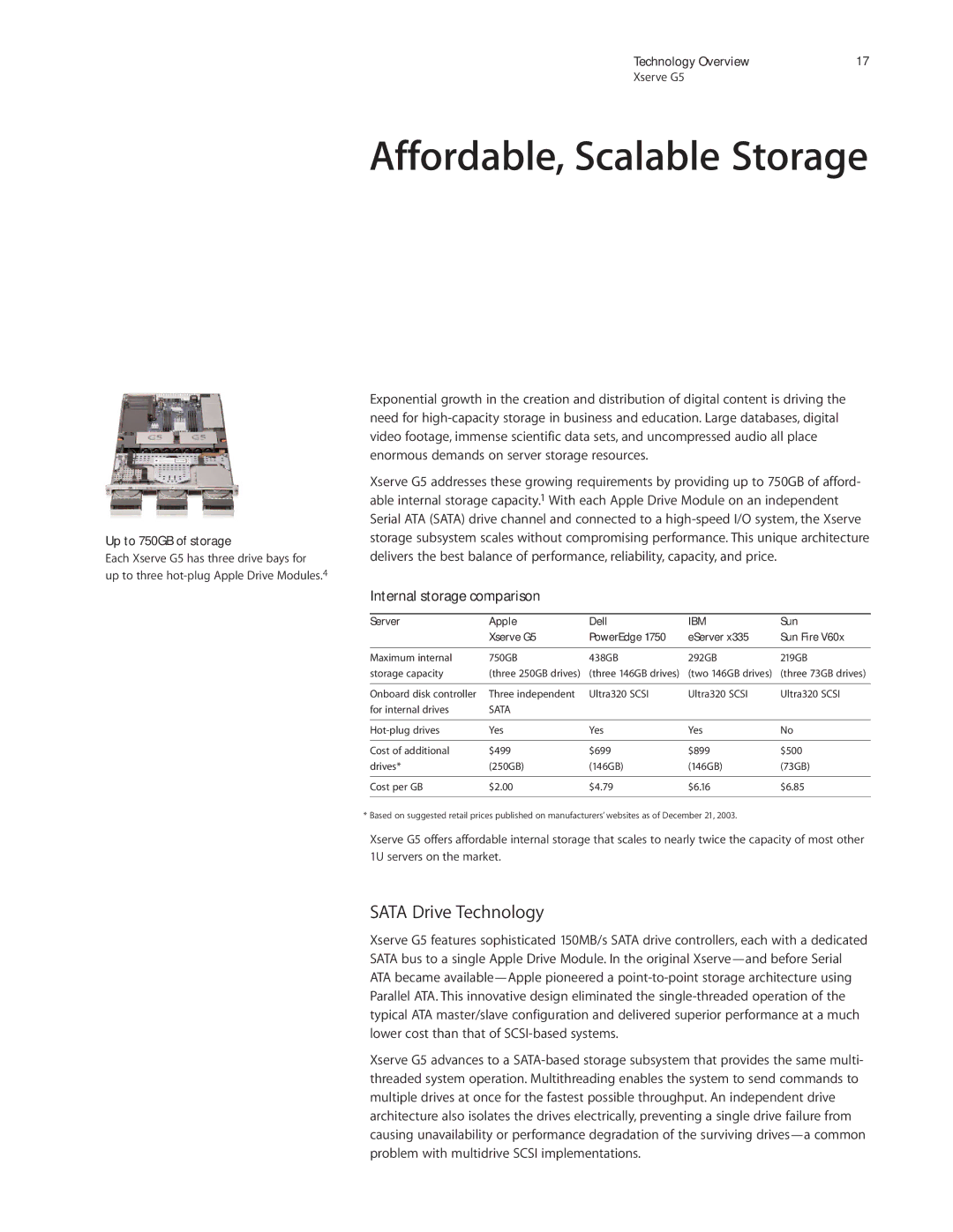 Apple Xserve G5 Affordable, Scalable Storage, Sata Drive Technology, Internal storage comparison, Up to 750GB of storage 