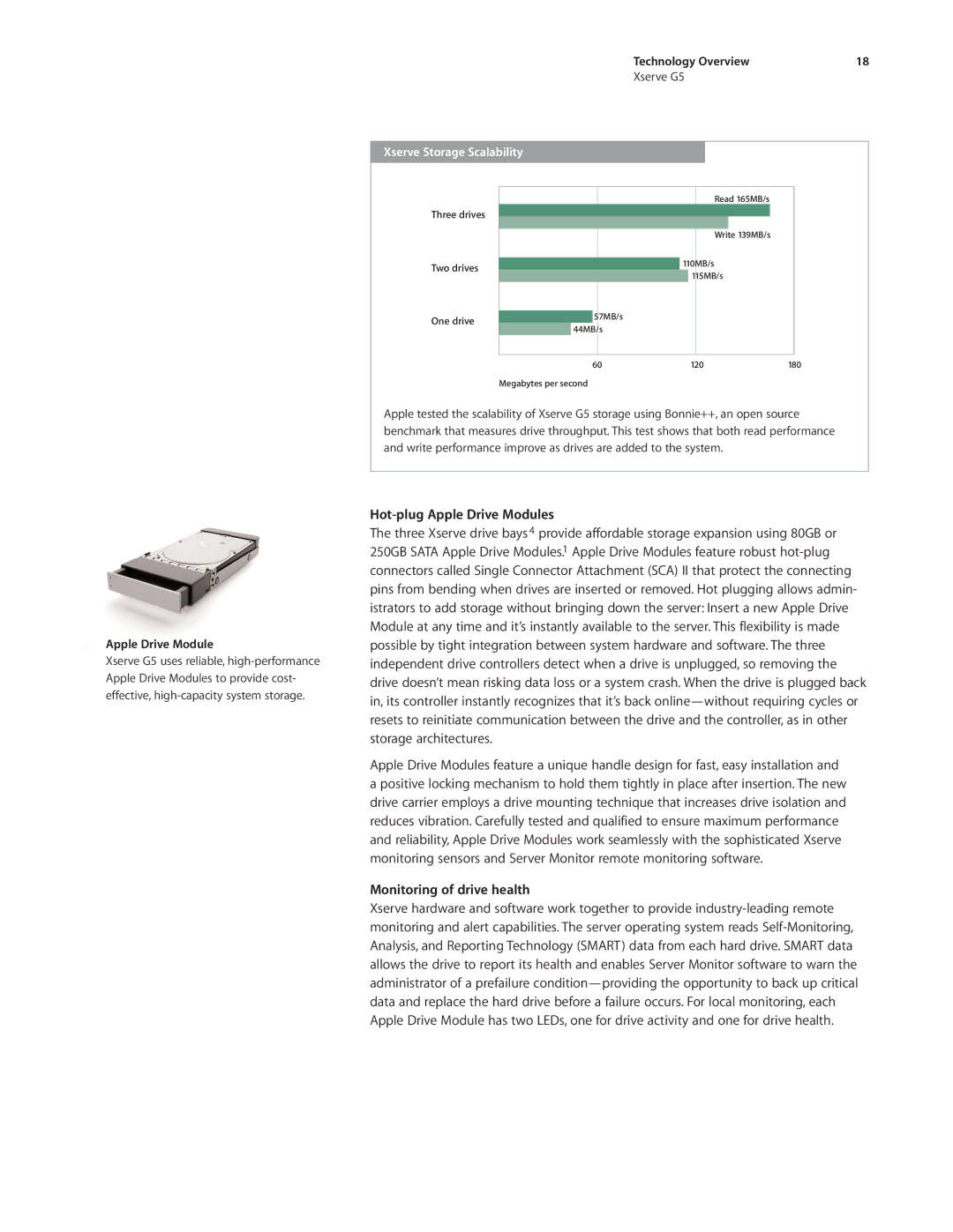 Apple Xserve G5 manual Hot-plug Apple Drive Modules, Monitoring of drive health, Xserve Storage Scalability 