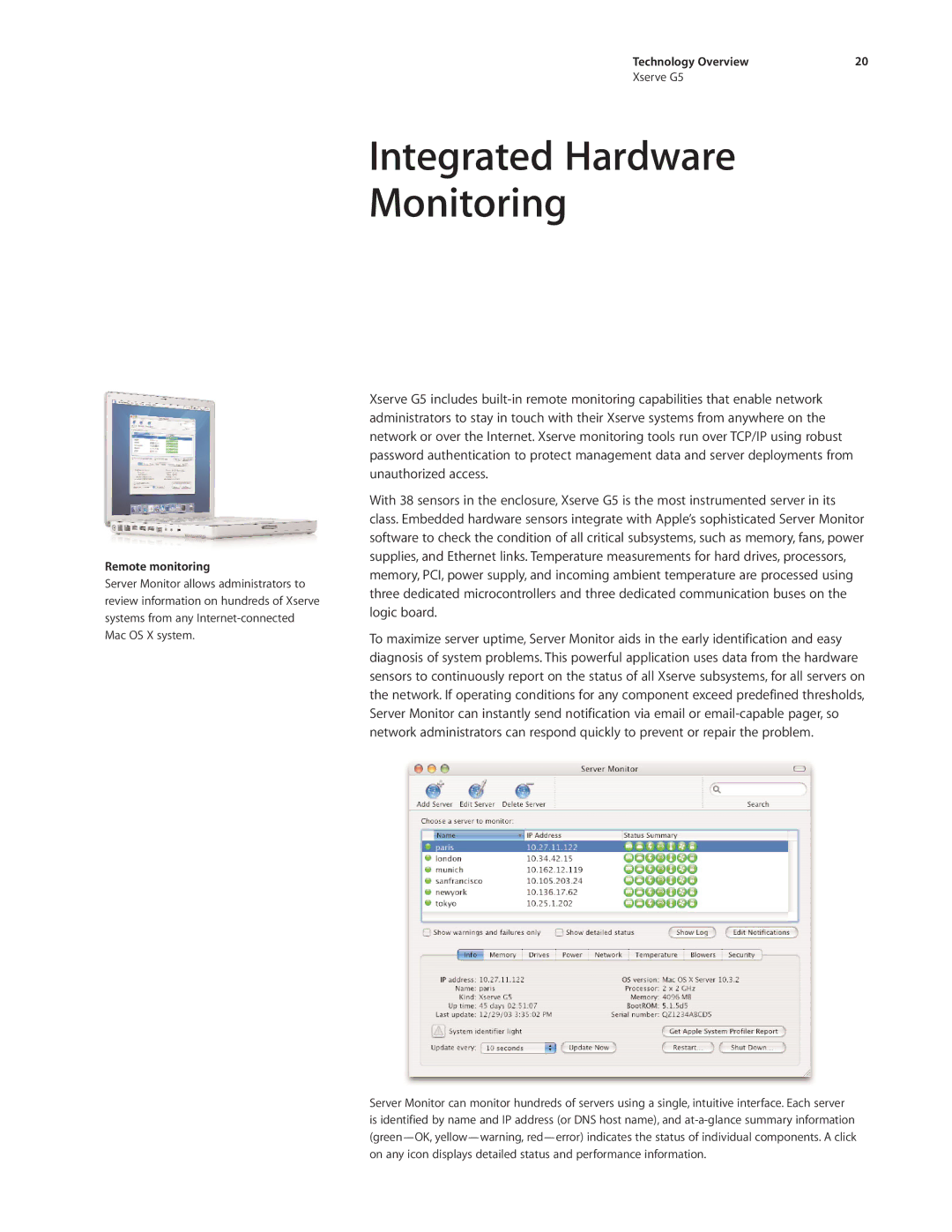 Apple Xserve G5 manual Integrated Hardware Monitoring, Remote monitoring 