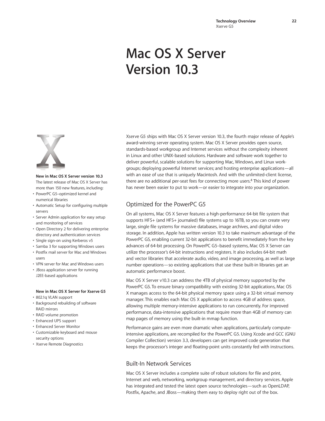 Apple Xserve G5 manual Mac OS X Server Version, Optimized for the PowerPC G5, Built-In Network Services 