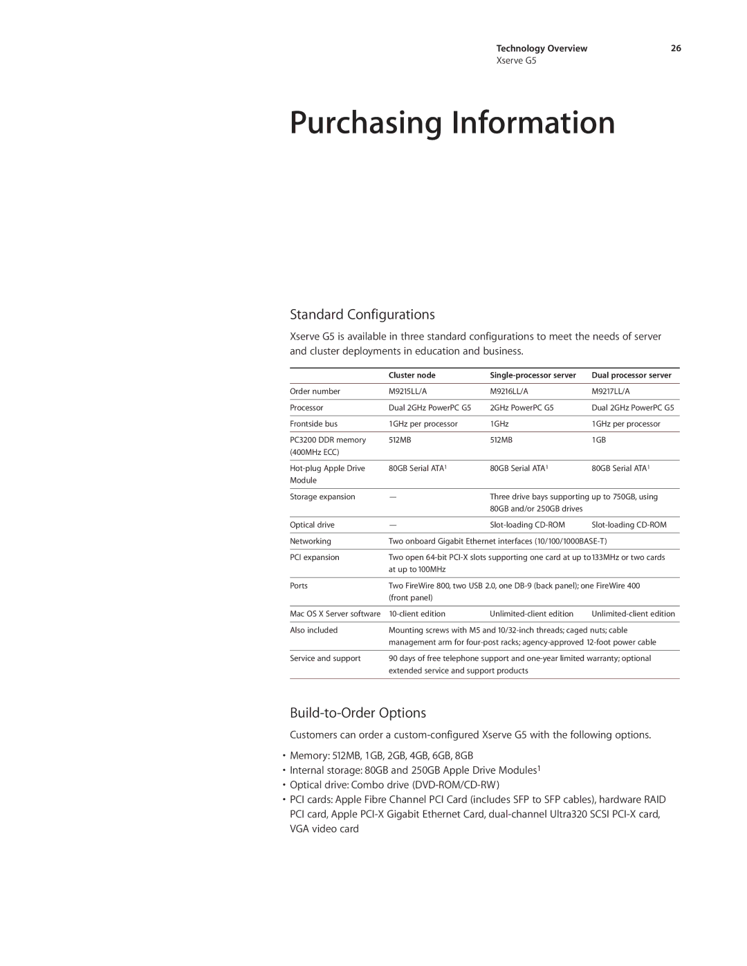 Apple Xserve G5 manual Purchasing Information, Standard Configurations, Build-to-Order Options 