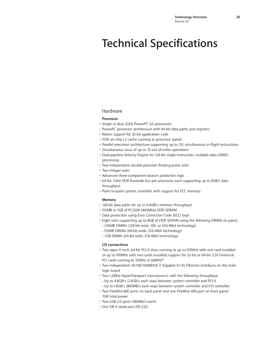 Apple Xserve G5 manual Technical Specifications, Hardware, Processor, Memory, Connections 