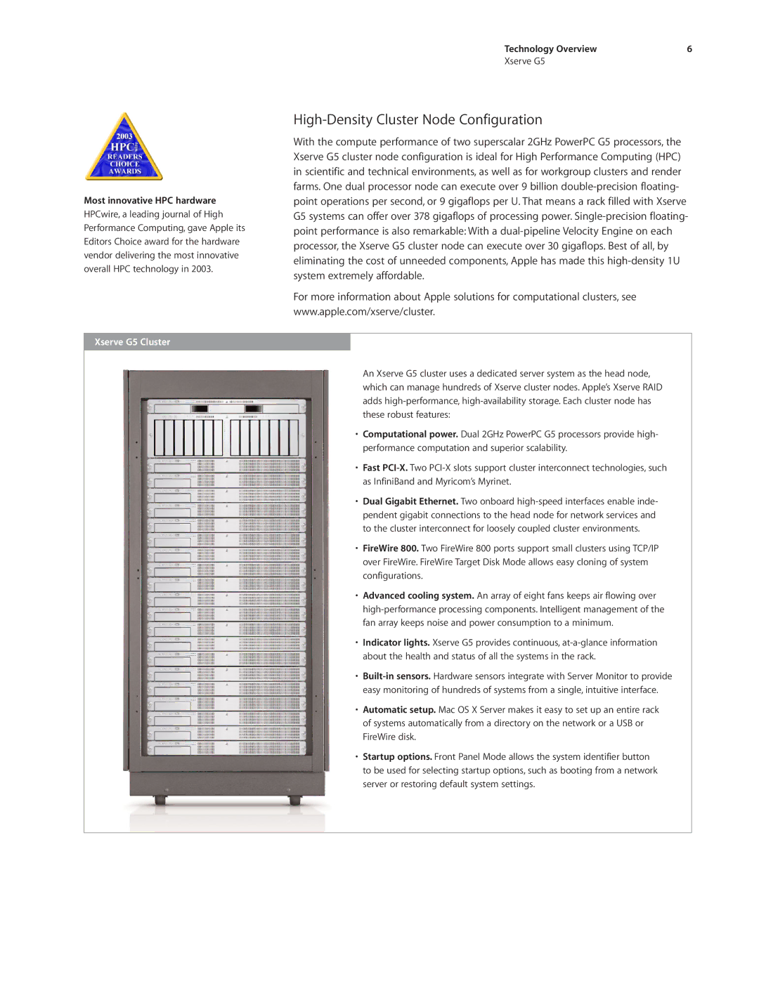 Apple manual High-Density Cluster Node Configuration, Most innovative HPC hardware, Xserve G5 Cluster 