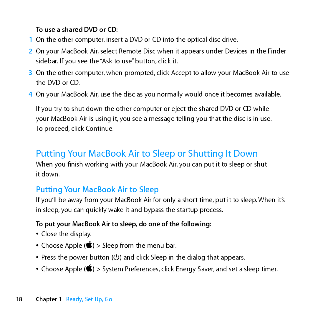 Apple Z0MF manual Putting Your MacBook Air to Sleep or Shutting It Down, To use a shared DVD or CD 