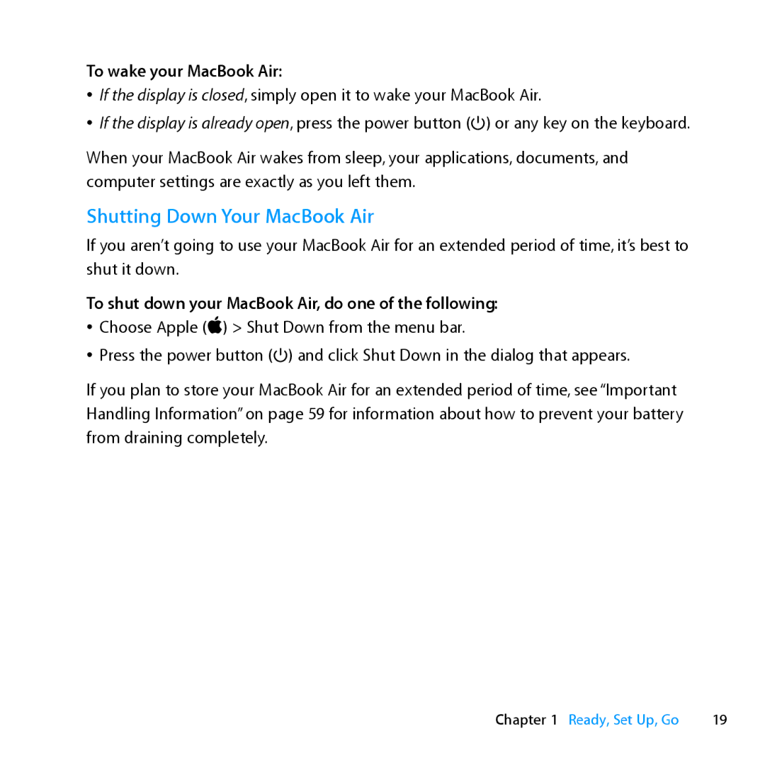 Apple Z0MF manual Shutting Down Your MacBook Air, To wake your MacBook Air 