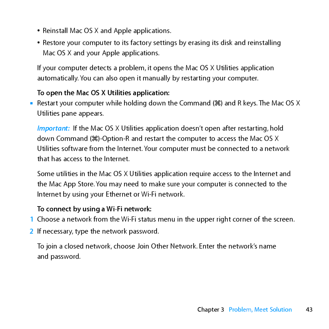 Apple Z0MF manual To open the Mac OS X Utilities application, To connect by using a Wi-Fi network 